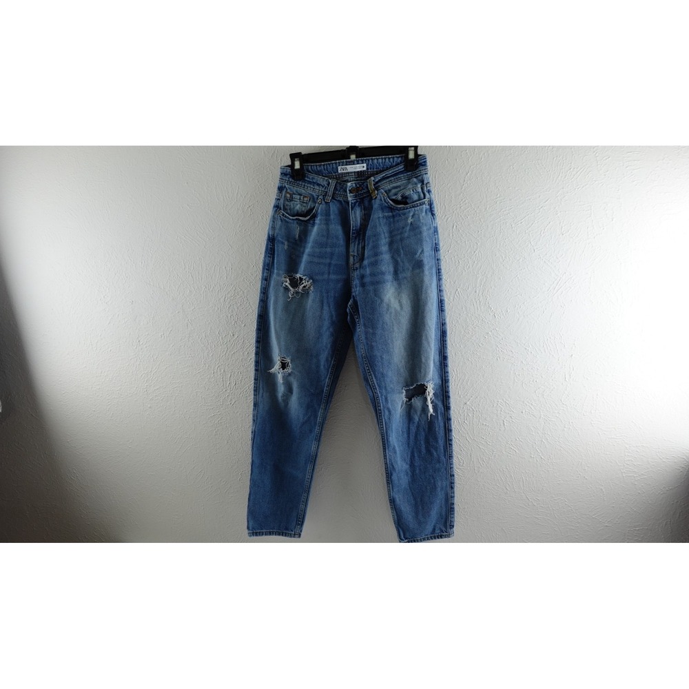 ZARA High Waisted Distressed Mom Jeans Light Gray Ripped Denim‎ Size 2